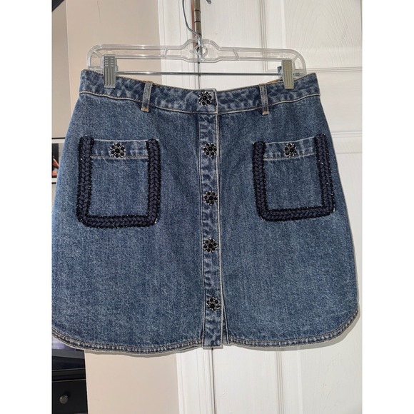 Self Portrait Skirt Button Front Pockets Embellished Blue Jean Skirt - Picture 6 of 16